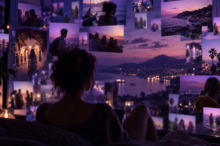 Eine sanft verschwommene Collage aus Social-Media-Profilansichten und Fotografien in tiefviolettem Abendlicht