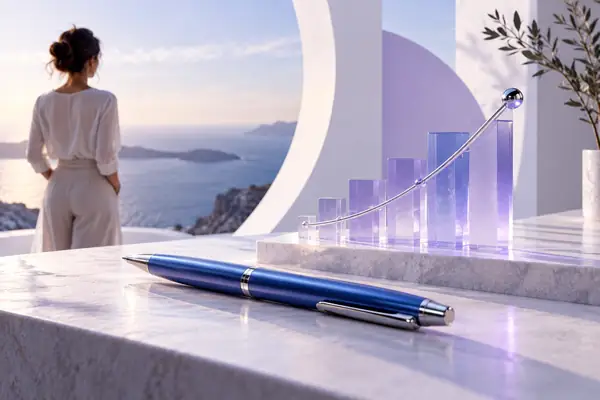 Eine Illustration mit einem eleganten blauen Stift und einem kompakten Analysediagramm vor luftigen weißen und lavendelfarbenen geometrischen Formen