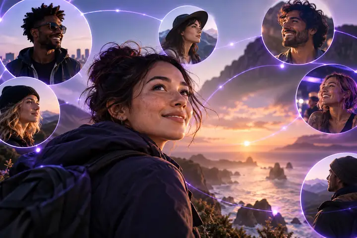 Ein einladendes redaktionelles Motiv zur Entdeckung von Creatorn mit Profilporträts und dezenten violetten Oberflächendetails