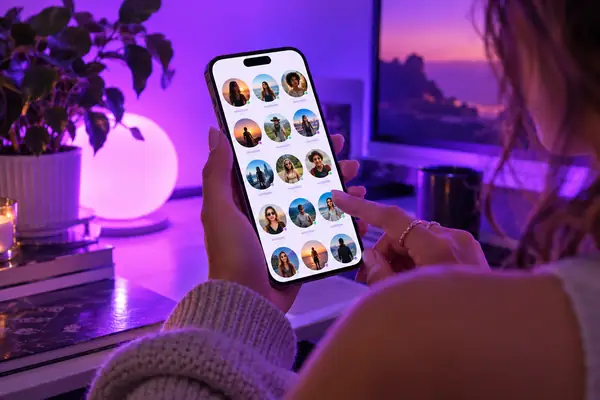 Ein modernes Smartphone mit einer übersichtlichen Oberfläche zur Entdeckung von Social-Media-Konten vor einem kräftig violetten Hintergrund