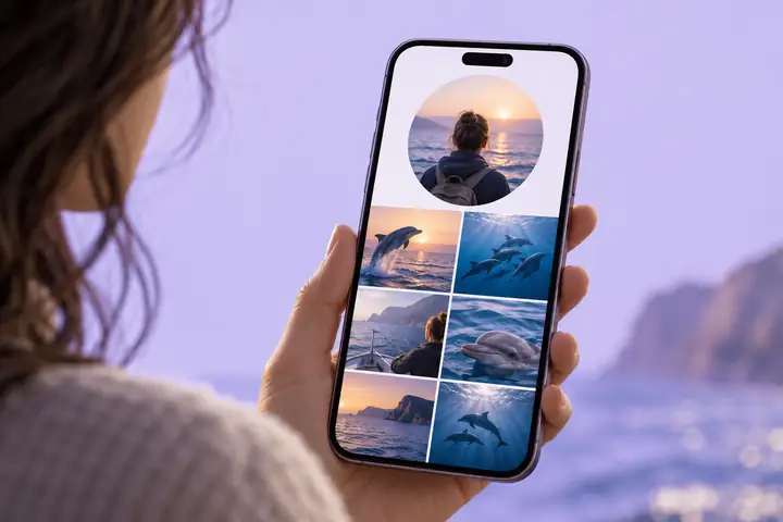 Eine klare redaktionelle Illustration eines öffentlichen Social-Media-Profils auf einem Smartphone vor einem blasslavendelfarbenen Hintergrund