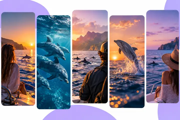 Farbenfrohe Story-Rahmen im Instagram-Stil vor einem klaren weißen und violetten redaktionellen Hintergrund