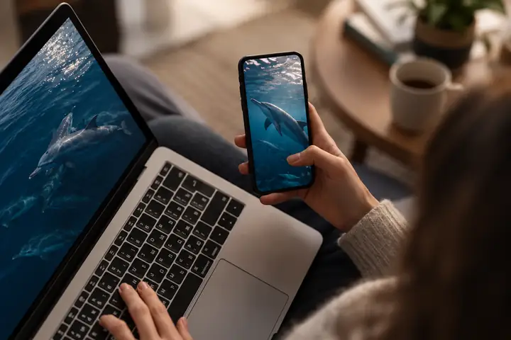 Jemand, der in einem sanft beleuchteten Innenraum ein Smartphone benutzt